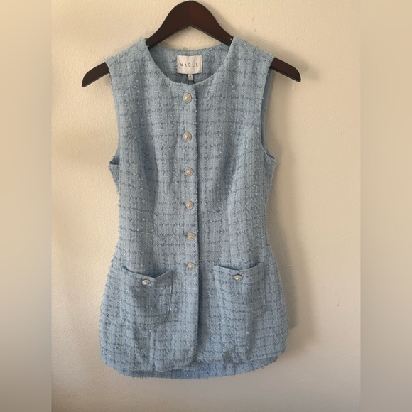 Mable Tweed Matching Set Light Blue Pearl Button Vest Shorts Size M - Picture 2 of 10